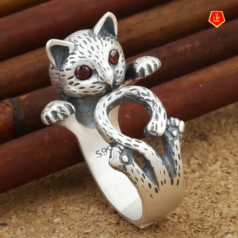 [Ready Stock]Women's Fashion Retro Lucky Cat Silver Ring