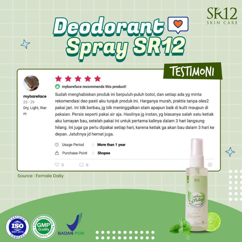 SR12 Deodorant Spray Premium - Ampuh Hilangkan Bau Badan - Pemutih Ketiak - Herbal BPOM