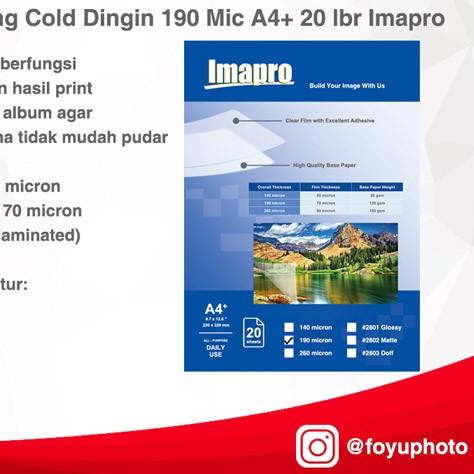 

♥ Plastik Laminating Cold Dingin 190 Mic A4+ 20 lbr Imapro Glossy Doff - Glossy ✸