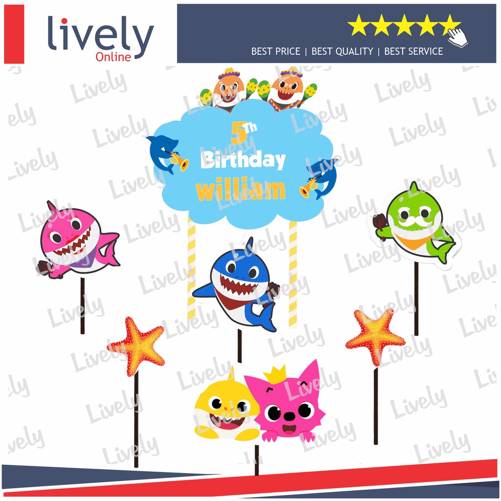 CUSTOM NAMA CAKE TOPPER KARAKTER BABY SHARK HIASAN KUE HAPPY BIRTHDAY