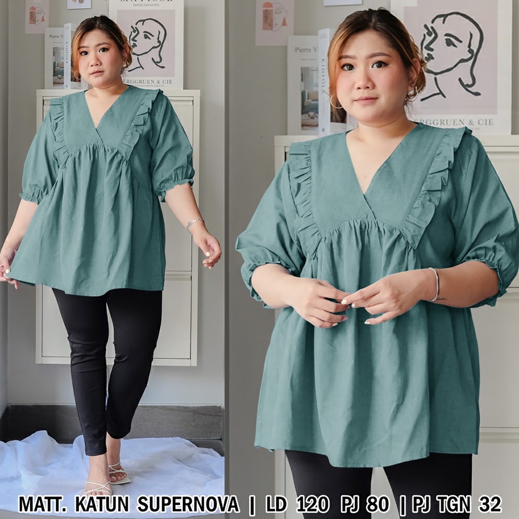 WSE390 - Blouse Jumbo Fatin XXXL Blus Jumbo 3XL Leher V BIG SIZE UK XXXL LD 120 CM PL 80 CM Katun Supernova PREMIUM QUALITY