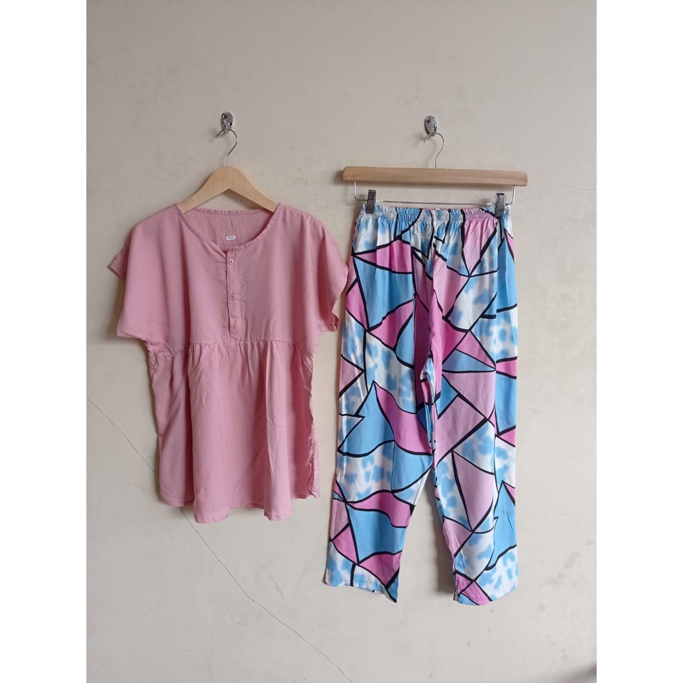 SETELAN BAJU TIDUR PIYAMA WANITA ONE SET PAJAMAS RUFFLE KANCING BUSUI CELANA PANJANG-BBR 31