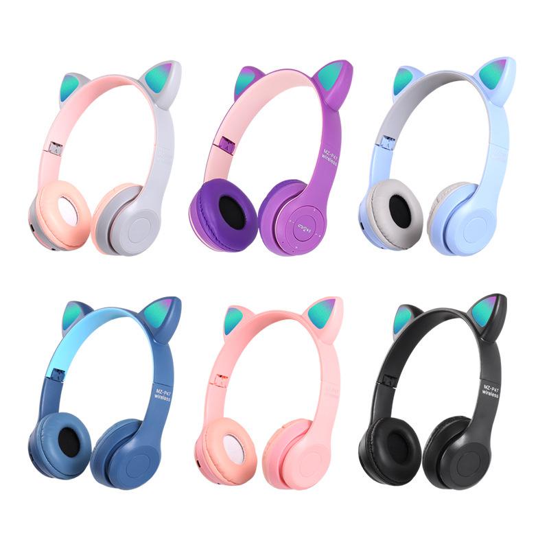 Headset Bluetooth wireless gaming MZ-P47 Cat Ear Headphone Telinga Kucing earphone LED