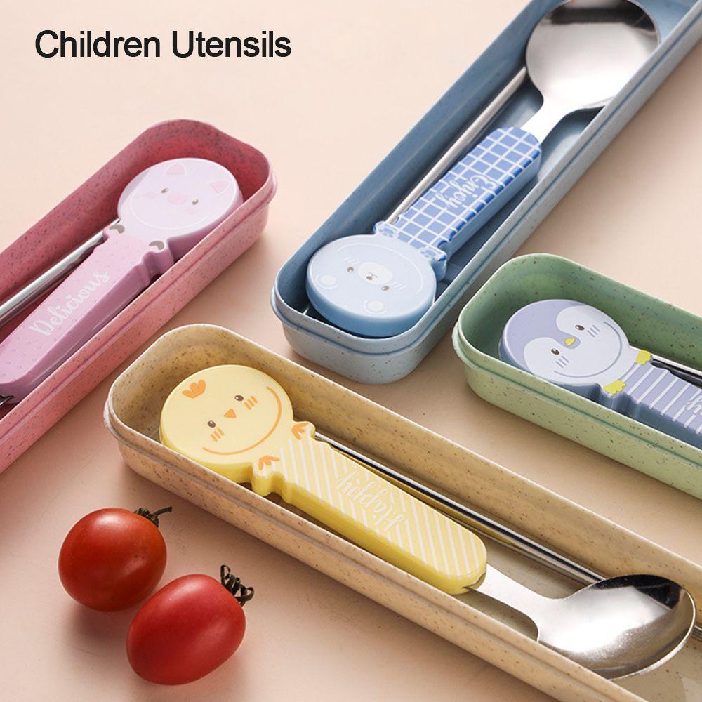 Solighter 2Pcs/Set Peralatan Bayi Bentuk Kartun Stainless Steel PP Handle Sendok Garpu Anak