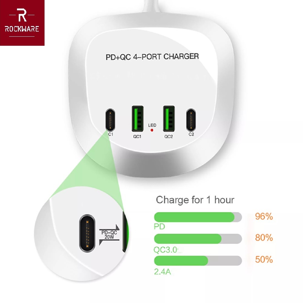 ROCKWARE WLX-T3P PLUS - 4 USB Port Charger PD and QC 3.0