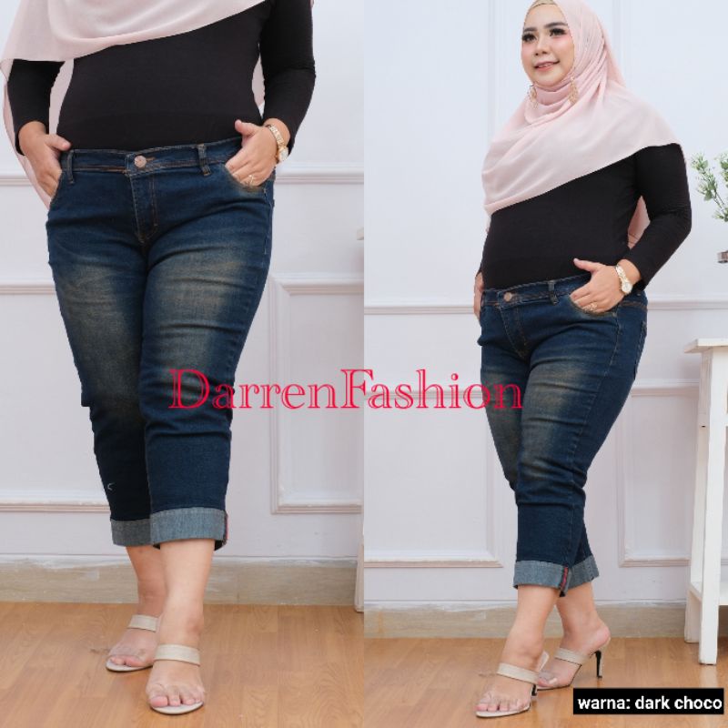 Celana 7/9 Wanita Jeans Stretch Wisker Jumbo Size 39-42 . Celana 7/9 Jeans Stretch Big Size Murah