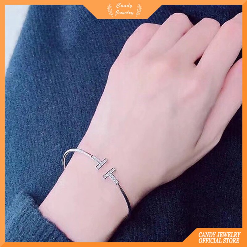 Perhiasan Gelang Warna Rose Gold Bentuk T Ganda Aksen Berlian Untuk Wanita