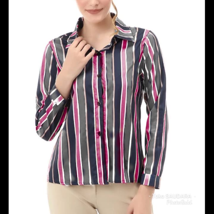 Kemeja formal panjang  wanita salur rainbow bahan stretch