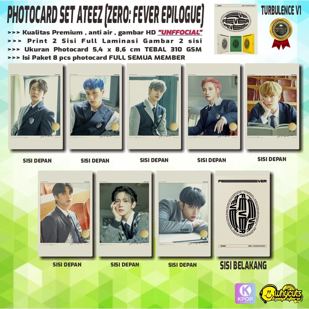 PHOTOCARD SET PREMIUM KPOP/ ATEEZ / ZERO FEVER EPILOGUE / PRINT 2 SISI FULL LAMINASI / ISI 1 SET 8PCS