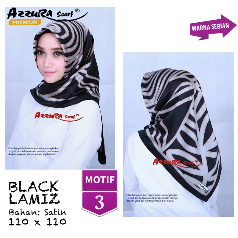 Jilbab Segiempat Azzura Premium Black Lamiz Satin Motif 3 Hijab Scraf