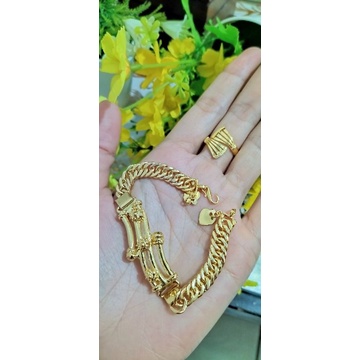 gelang rantai bambu+cincin kipas daun lapis emas