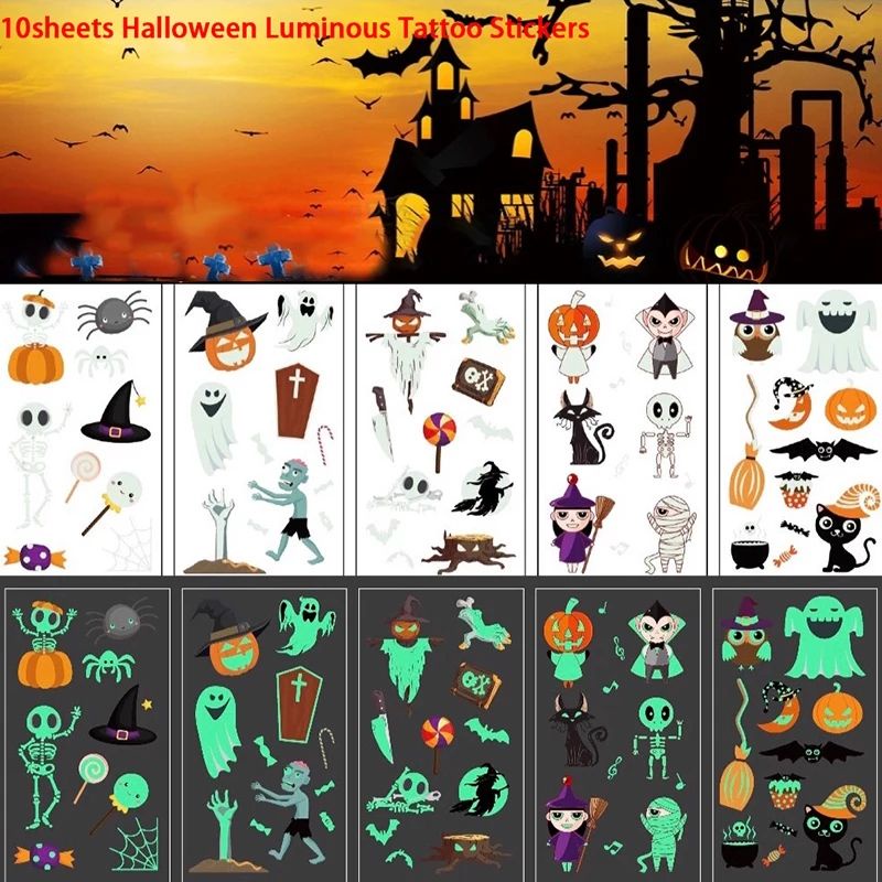 10 Pcs Temporary Tattoo Glow In The Dark Halloween Day 10Pcs Temporer Tato Kid Tatto Anak