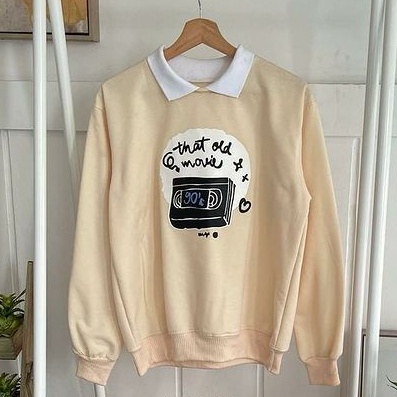 COD - Old Movie Sweater Combi Kerah Premium Fleece Tebal Outerwear Remaja Wanita Korean Style-3