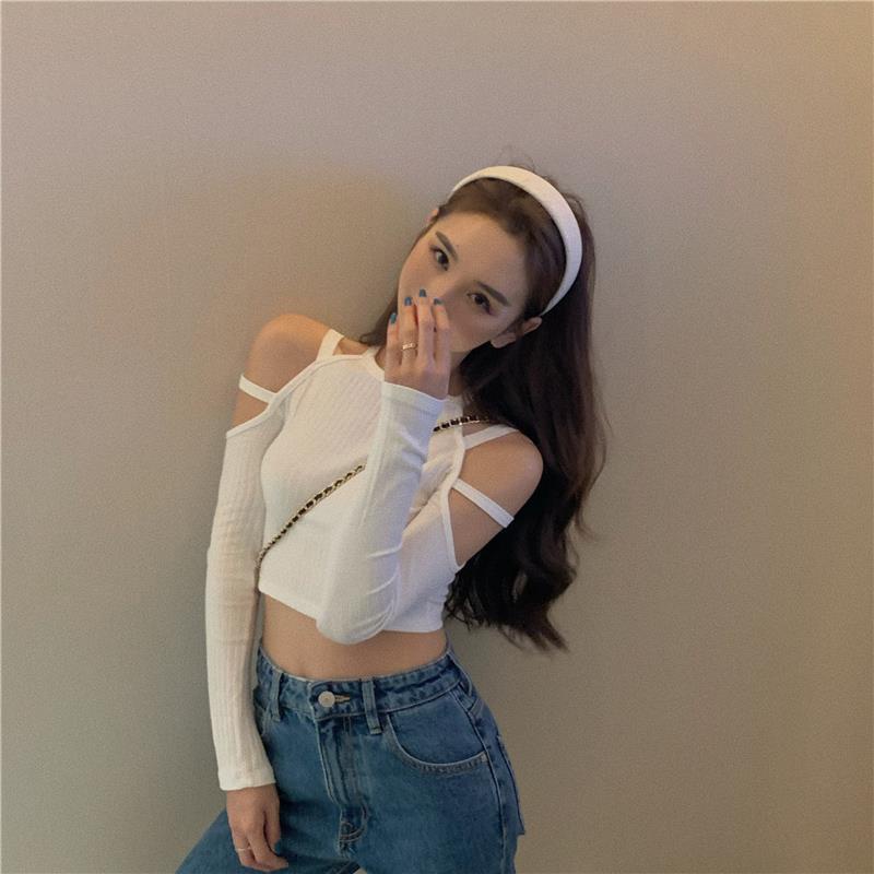 Retro desain mesin hati-hati off-the-shoulder lengan panjang T-shirt wanita musim semi all-match ram