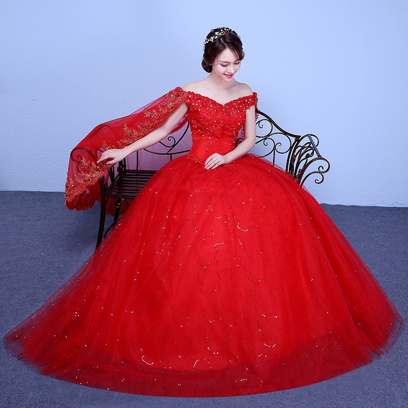 Putih Dan Merah Off Shoulder Women Wedding Dress Bridal Ball Gown Sabrina gaun pengantin