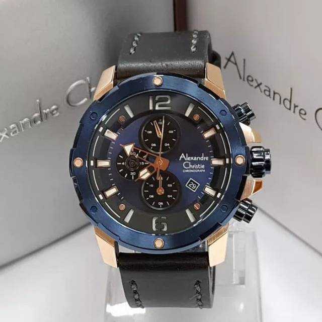 JAM TANGAN PRIA / COWOK ALEXANDRE CHRISTIE ROSE GOLD BLUE TALI KULIT BLACK ORI - HITAM BIRU AC 6410