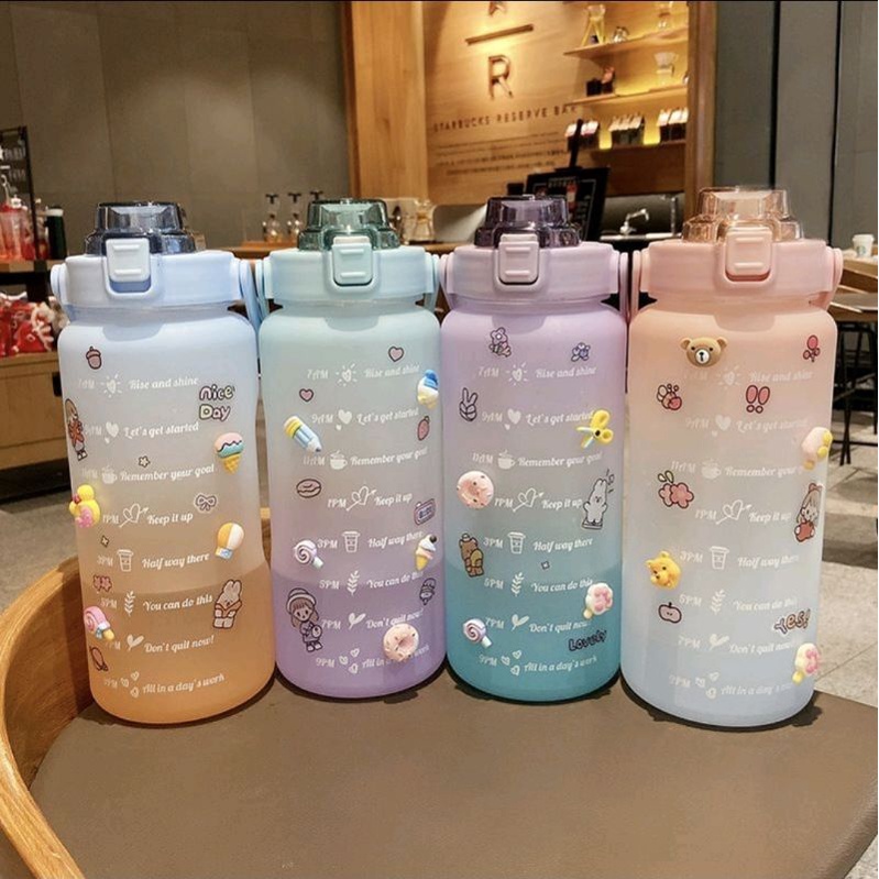 SHOPEE SALE !! KUALITAS TEBAL Botol Minum 2 Liter 2000ML Korea VIRAL Motivasi Waktu GRATIS DIY 3D STICKER