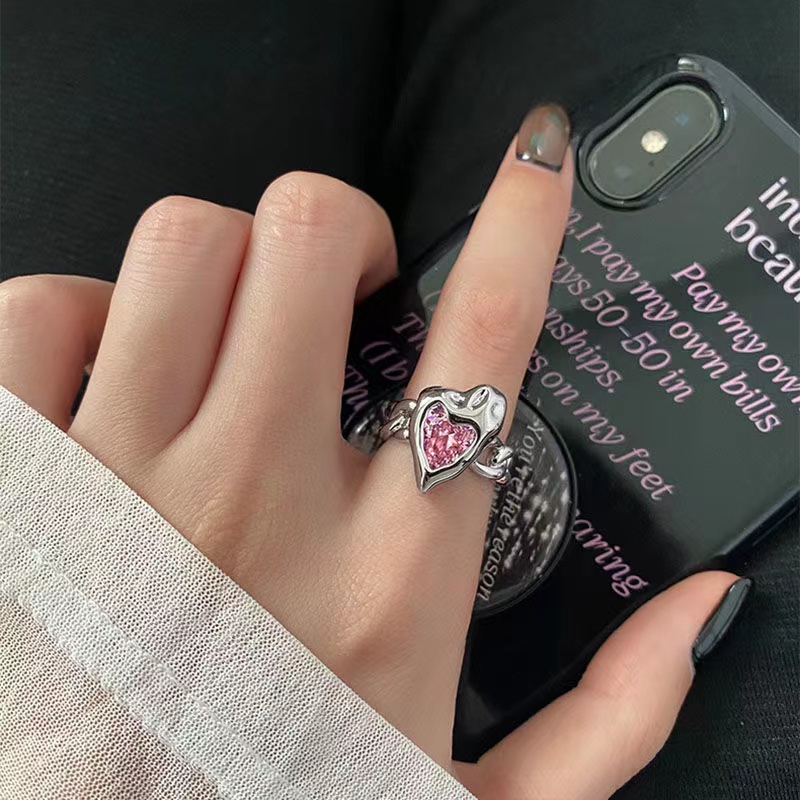 IFYOU Cincin Silver Hias Batu Permata Warna Pink Gaya Korea Untuk Wanita