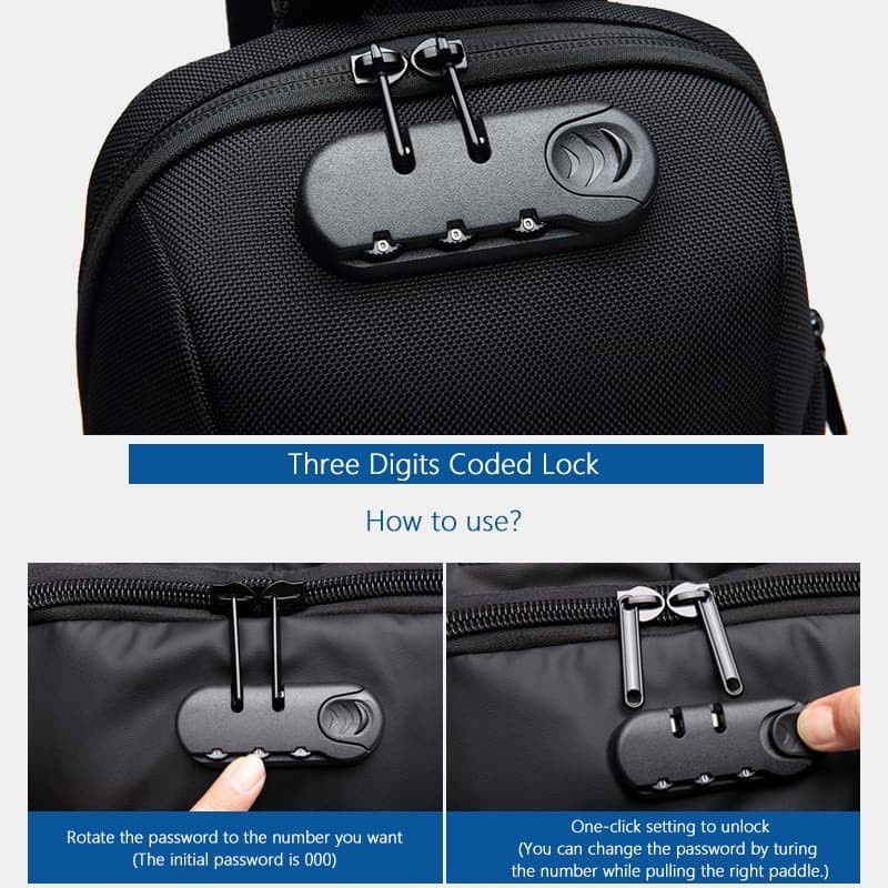 Tas Selempang Crossbody Sling Bag Coded Lock with USB Charger Port - Black