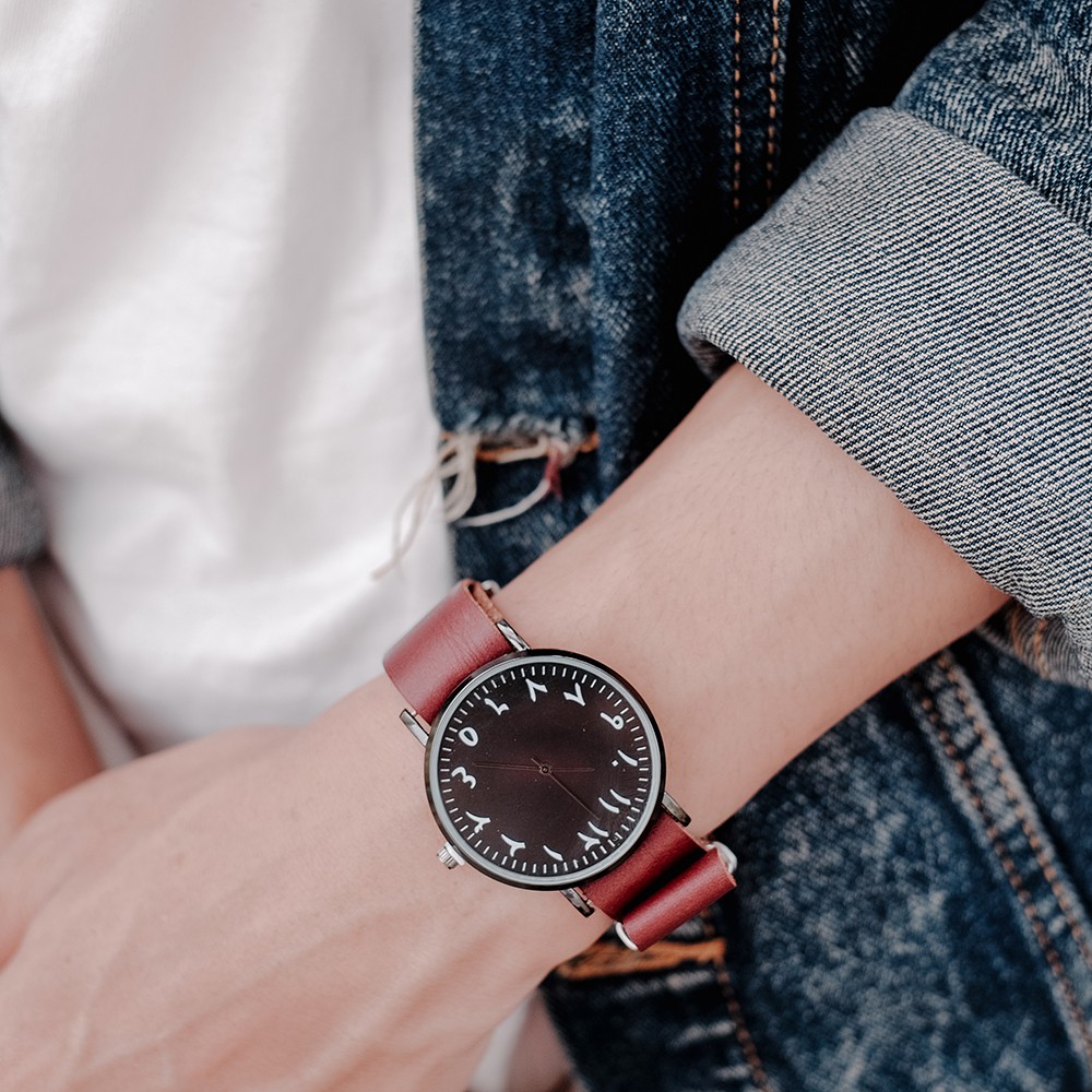 Jam minimalis angka arab all black strap kulit aseli