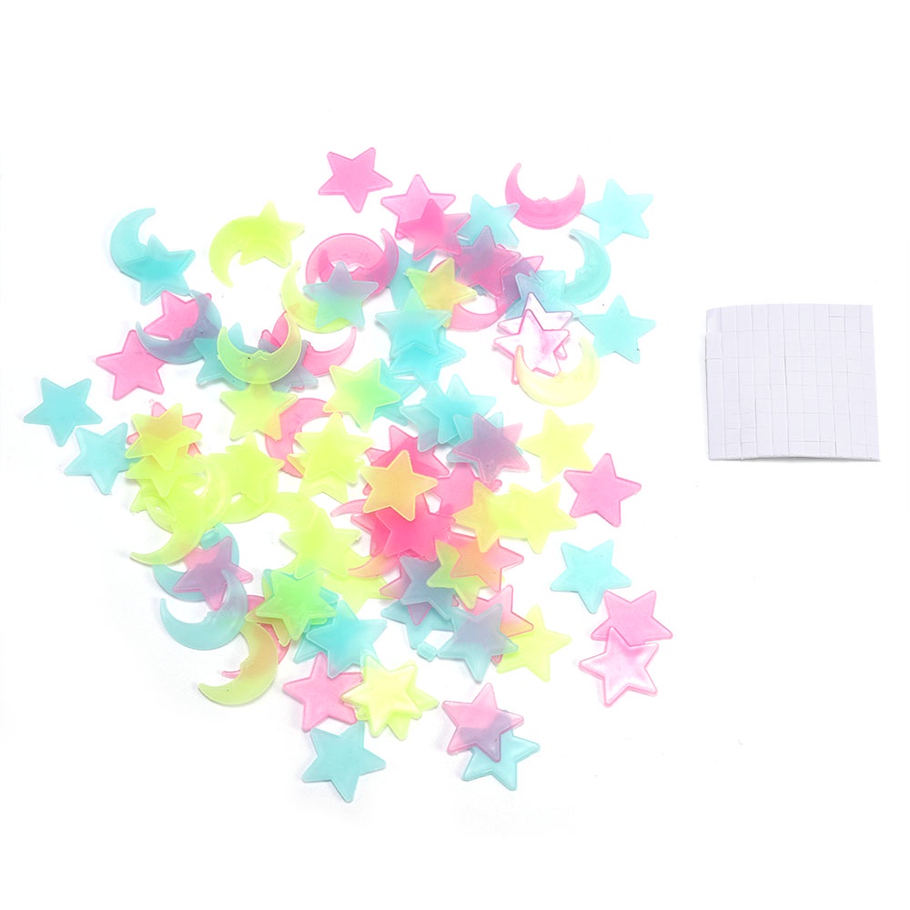 100pcs / Kantong Stiker Dinding DIY Desain Bulan Bintang 3D Glow In The Dark Anti Air Untuk Kamar Tidur