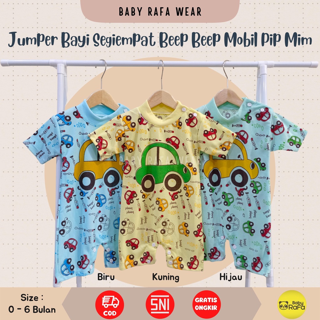 Jumper Bayi Segiempat / Romper Bayi 0 - 6 Bulan merk PIP MIM motif BEEP BEEP MOBIL