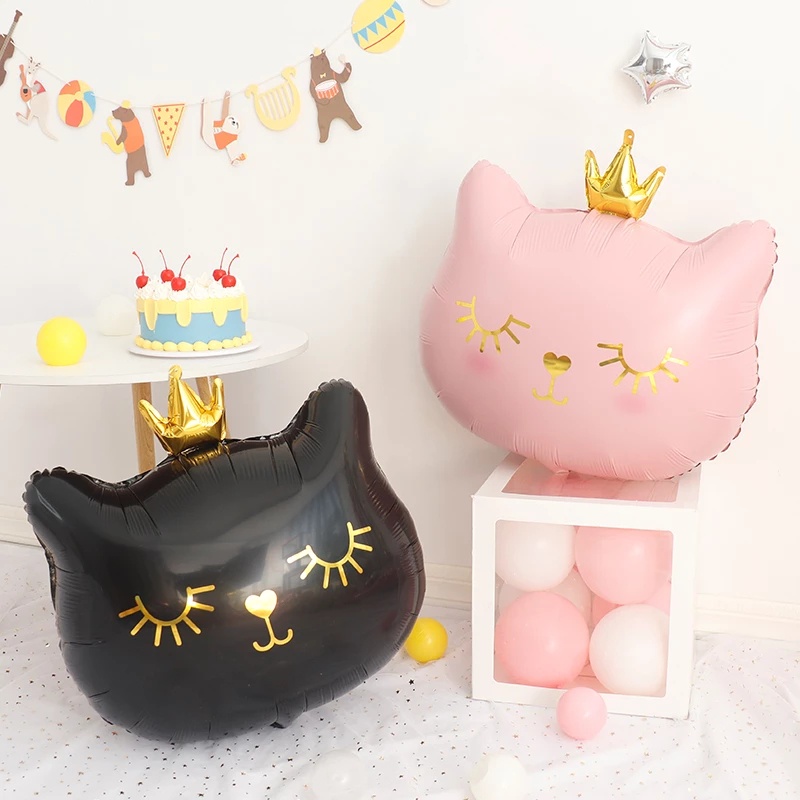 Ornamen Balon Aluminum Foil Desain Kartun Kucing Mahkota Untuk Dekorasi Pesta Ulang Tahun Anak