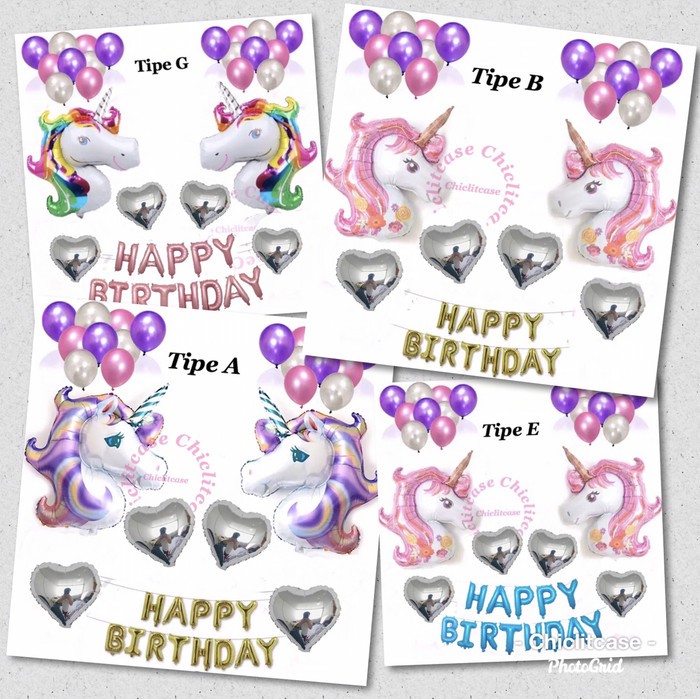 Paket set Balon foil unicorn pony kuda heart love birthday party
