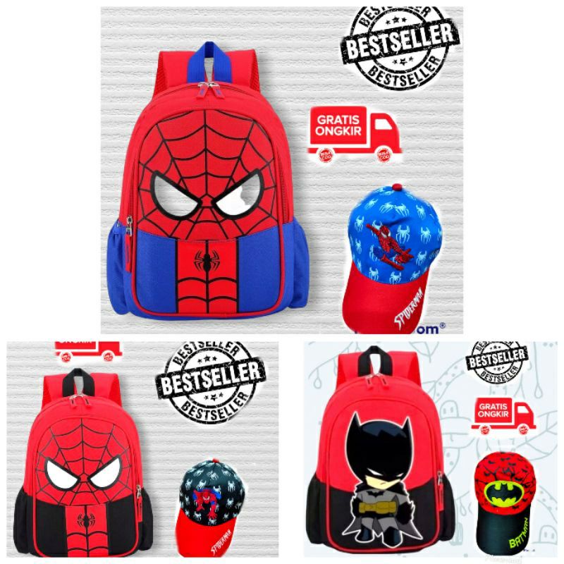 Ransel anak paketan 2in1 ransel dan topi bordir tas sekolah anak laki-laki superhero