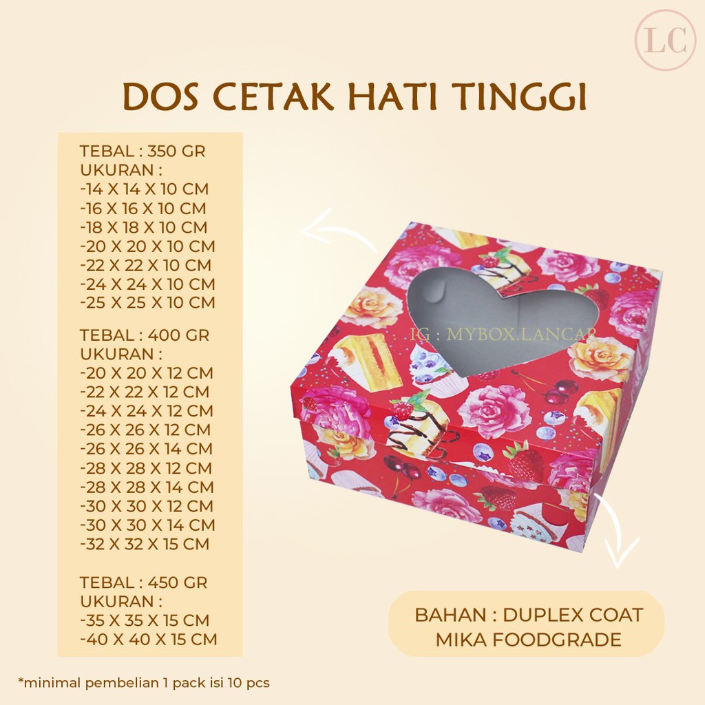 (10 LEMBAR) BOX TART CETAK 26x26x14 DOS KOTAK MOTIF DUS MERAH TART ROTI KUE CAKE HAMPERS TUTUP HATI