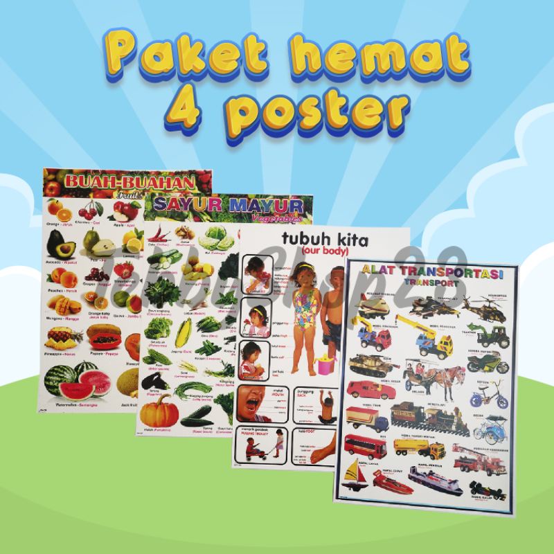 

Paket hemat 4 Poster Edukasi anak,poster dinding, Poster buah, sayur, anggota tubuh dan transportasi