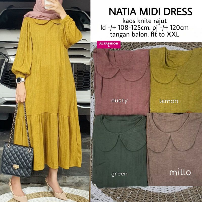 GAMIS HARIAN MIDI RAJUT KEKINIAN MOTIF POLOS NATIA MIDI BAHAN KAOS KNIT RAJUT LD108-125 PJ120 LENGAN