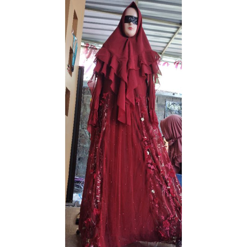 Set gaun pesta bordir timbul, brokat 3d cantik model samping