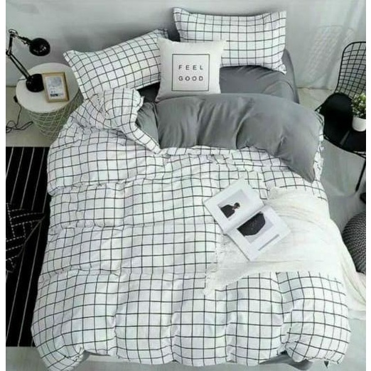 sprei kotak aesthetic ukuran 180x200/160x200/120x200/90x200 hitam/abu/biru/putih bahan katun halus free sarung bantal dan sarung Guling Seprai NO 1, NO 2, NO3