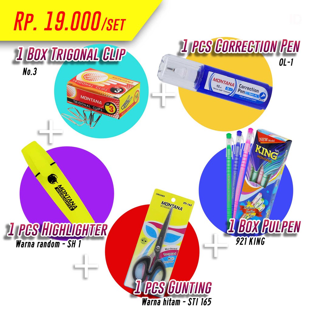 

MONTANA 19.000 Rupiah Saja !! Gunting + Highlighter + Tip-ex+ Ballpoint + Clip