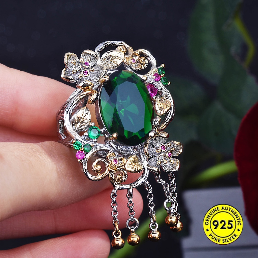 Tassel Colored Gems Ring Emerald Flowers Openings