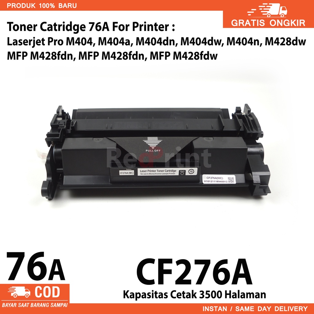 Toner Catridge 76A Untuk Printer HPLaserjet Pro M404, M404a, M404dn, M404dw, M404n, M428dw, MFP M428fdn, MFP M428fdn, MFP M428fdw, Compatible Cartridge CF276A Tanpa chip