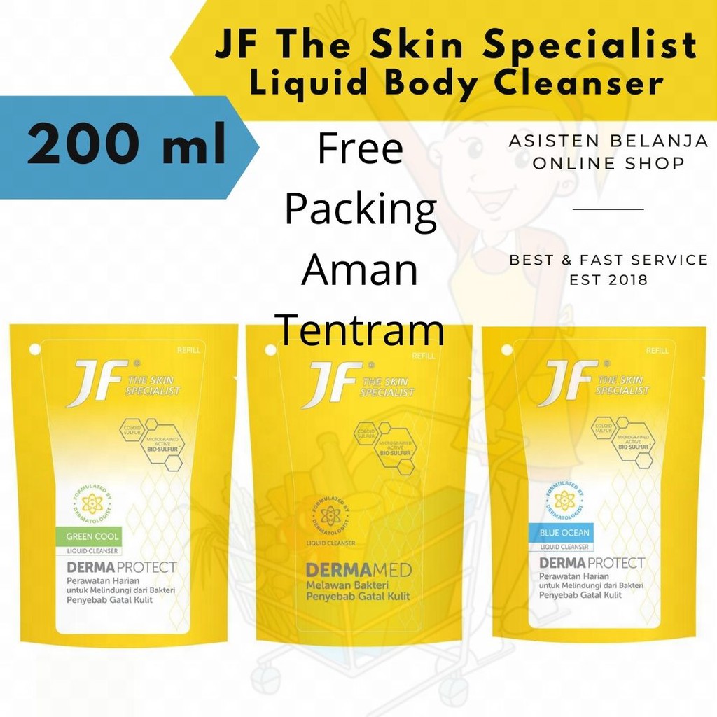 JF SULFUR Sabun Mandi Cair Original Dermamed Kuning Derma Med / Green Cool HIjau Dermaprotect / Blue Ocean Biru Derma protect JFSULFUR The Skin Specialist Liquid Cleanser Gatal Gatal Belerang Anti Acne Jerawat Bodywash Refil Refill 200 ml 200ml