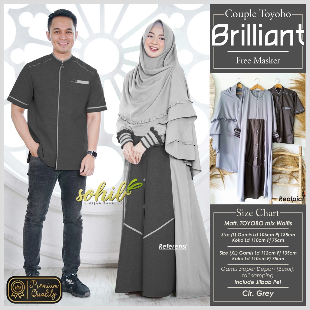 BAJU PASANGAN MUSLIM COUPLE BRILLIANT GREY ABU GAMIS KOKO TOYOBO ORI SOHIB