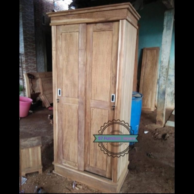 Lemari pakaian pintu 2 sliding sleding kayu jati ukir mentahan