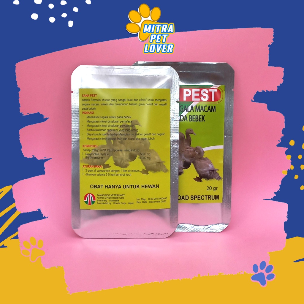 ANTI INFEKSI BEBEK - SANA PEST 20 GRAM - ANTIBIOTIK MEMBASMI SEMUA INFEKSI VIRUS BAKTERI JAMUR PADA DUCK UNGGAS ITIK - SANAPEST  - MURAH GARANSI KUALITAS ASLI ORIGINAL - PET ANIMAL VETERINARY TAMASINDO OBAT ANTIBIOTIC &amp; VITAMIN TERNAK HEWAN MITRAPETLOVER