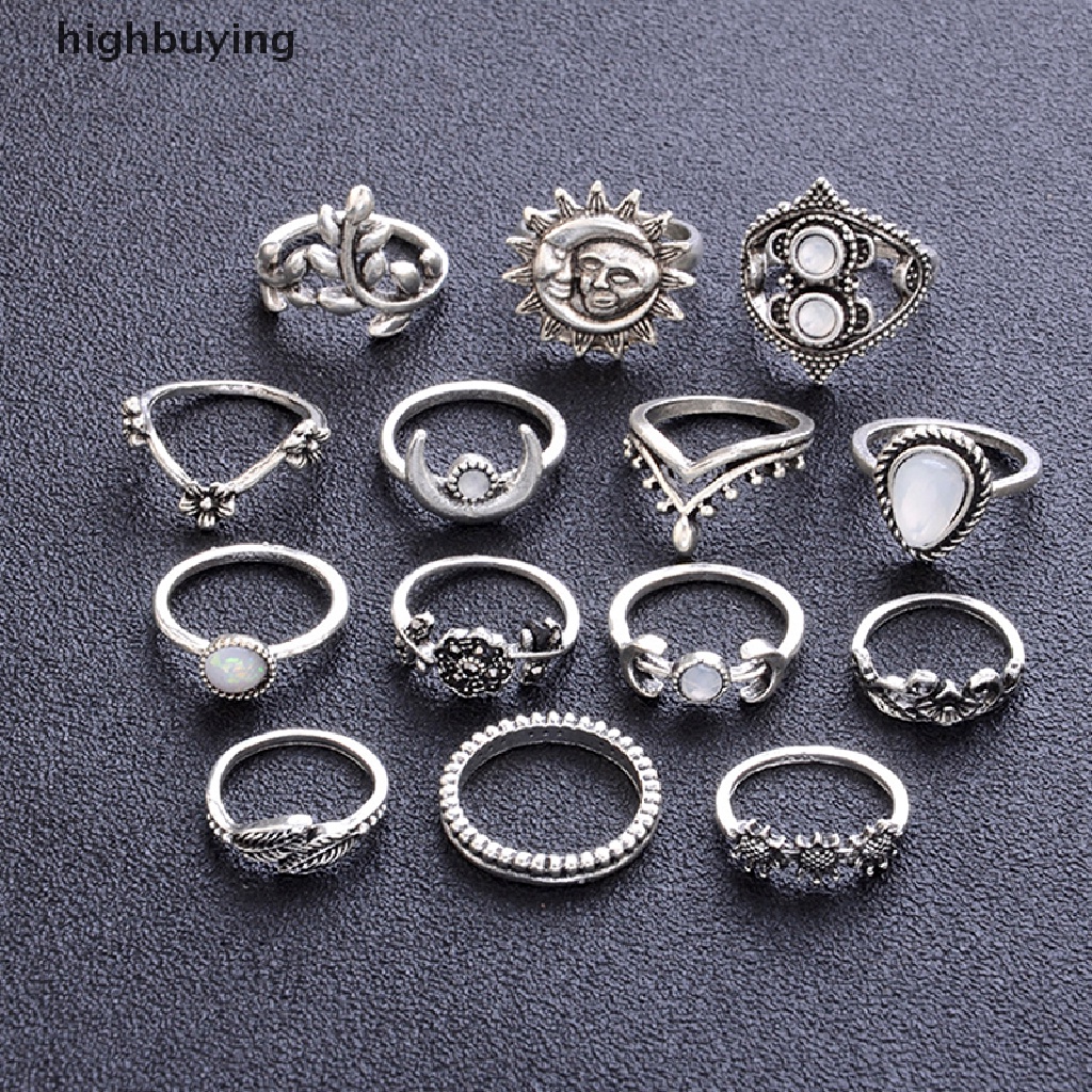 Hbid 14Pcs / Set Cincin Buku Jari Aneka Bentuk Warna Silver Gaya Boho Untuk Wanita