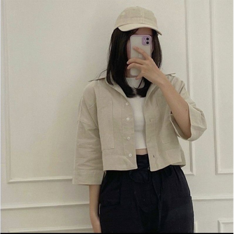 Kemeja Crop Linen Pocket Wanita Oversized Shirt Linen outer Crop Linen Baju kemeja korea style