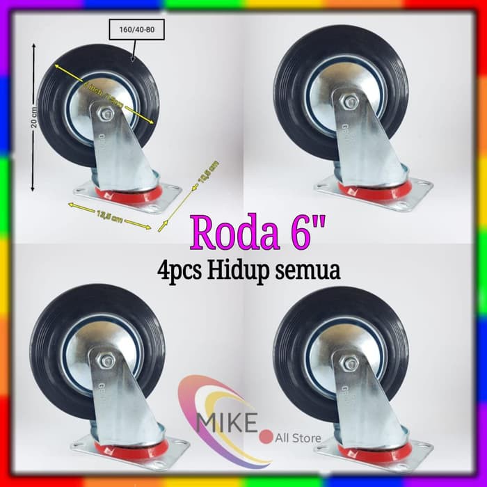 Roda Troli 6" 1set(4 pcs Hidup) Roda Karet 6inchi etalase 6 inch Troly