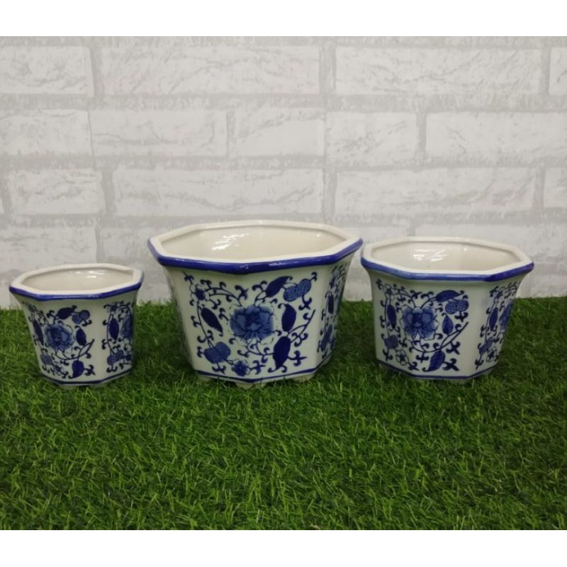 Pot Tanaman Set 3/ Pot Tanam Keramik/ Pot Keramik biru putih diameter 10, 15 dan 20cm