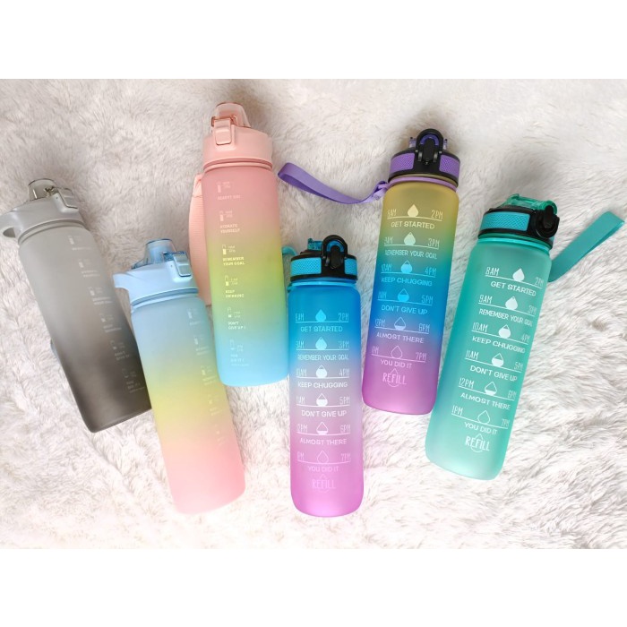 BOTOL MOTIVASI VIRAL 1L PETG /TUMBLER unik 1000mL gradient gradasi - Biru