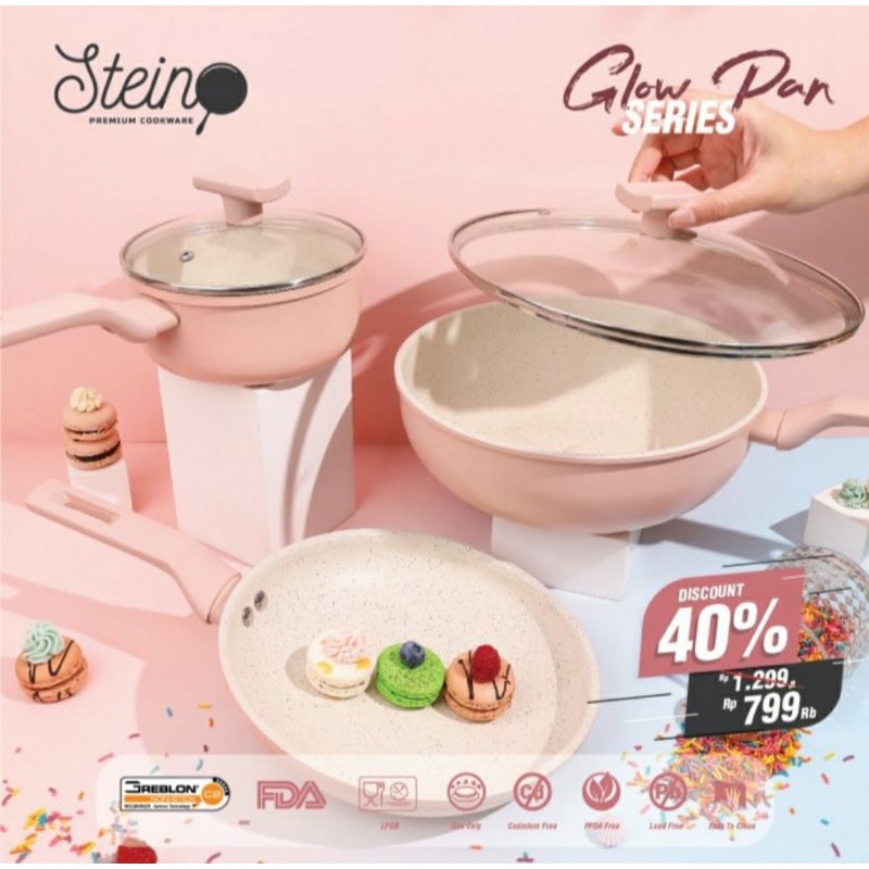 Stein Cookware Glow Pan Series, 1 Set Wok, Fry Pan, Saucepan, Panci Pink Peralatan Masak Original