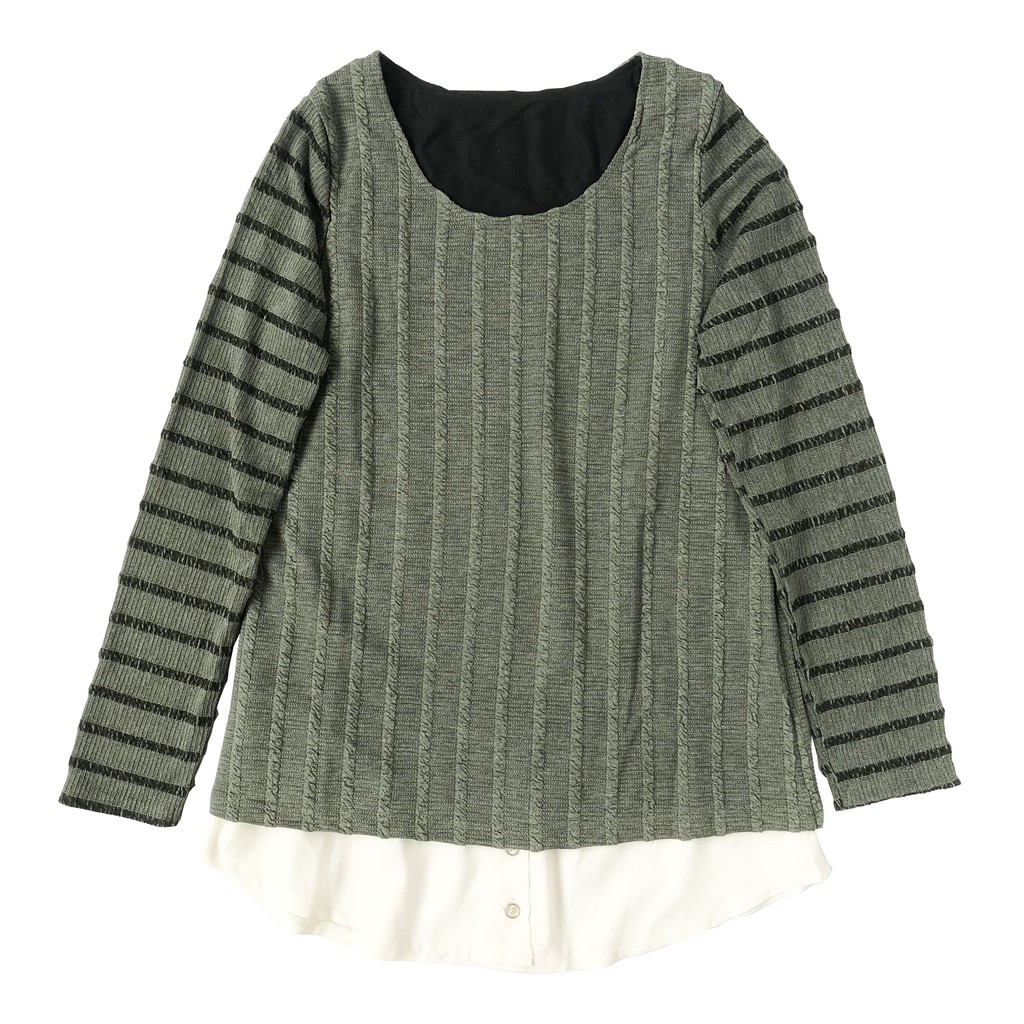BLUS KAOS CREPE HIJAU ARMY GARIS LAYER KATUN RAYON PUTIH KOREA IMPORT