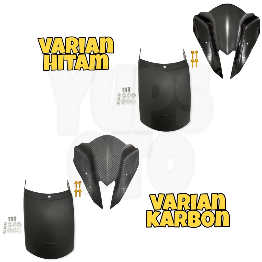 3IN1 PAKET UNTUK AEROX VARIASI MOTOR SAMBUNGAN SPAKBOR AEROX + VISOR AEROX KARBON / HITAM + BAUT VISOR CNC GOLD PENDEK 4BIJI UNIVERSAL SEMUA MOTOR AEROX