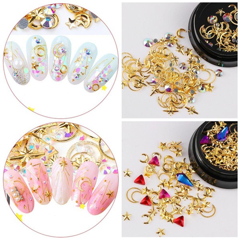 Mxbeauty Kuku Rhinestones DIY Berlian Geometris Kristal Batu 3D Kuku Stiker Bulat Paku Keling Bintang Bulan Tembaga Kuku Glitter